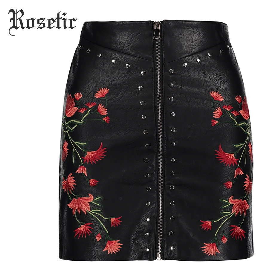 

Rosetic Gothic Skirts Black Women Floral Embroidery Bodycon Rivet Mini PU Skirt Fashion Streetwear Sexy Club Gothic Mini Skirts