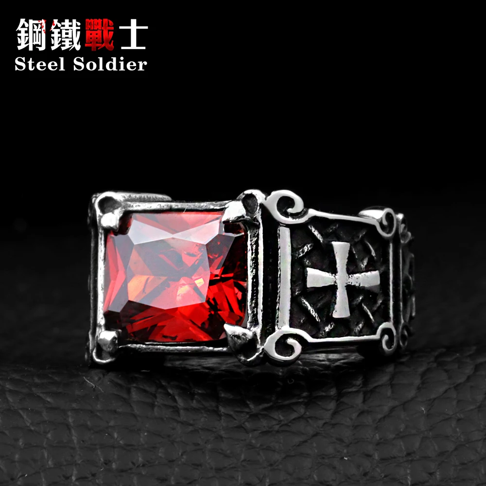 Steel soldier mix color Wholesale Jewelry Lots Vintage Friar Men's double cross Ring With Stone Red/Blue/Black Fashion