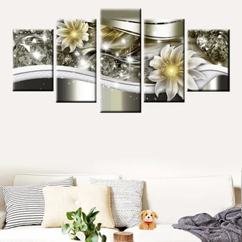

5 panel elegant flower delicate diamond background painting bedroom poster canvas painting home decoration picture frame