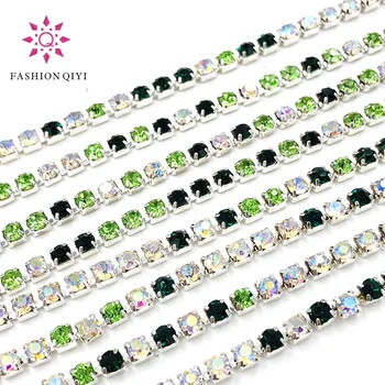 

Hot selling 5 yards Malachite green/Light green/White AB 2mm-3mm silver base rhinestones cup chain diy clothing accessories