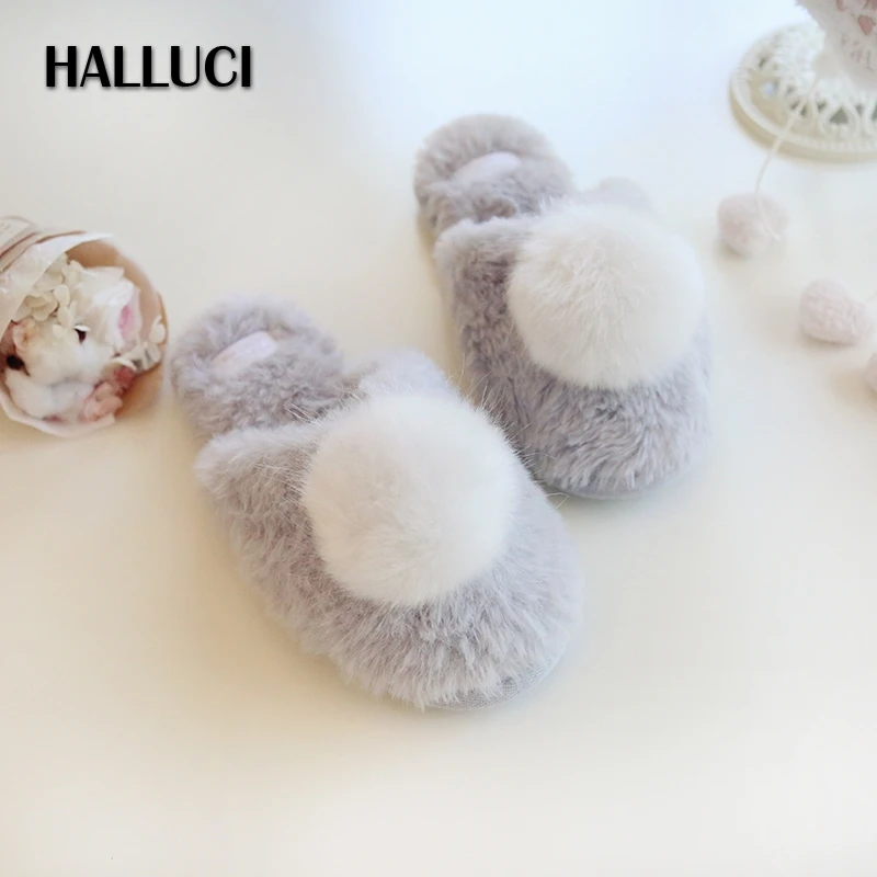

HALLUCI Winter plush slippers women pantufa cute fluffy slides women shoes indoor Slippers keep warm chinelo rubber ciabatte