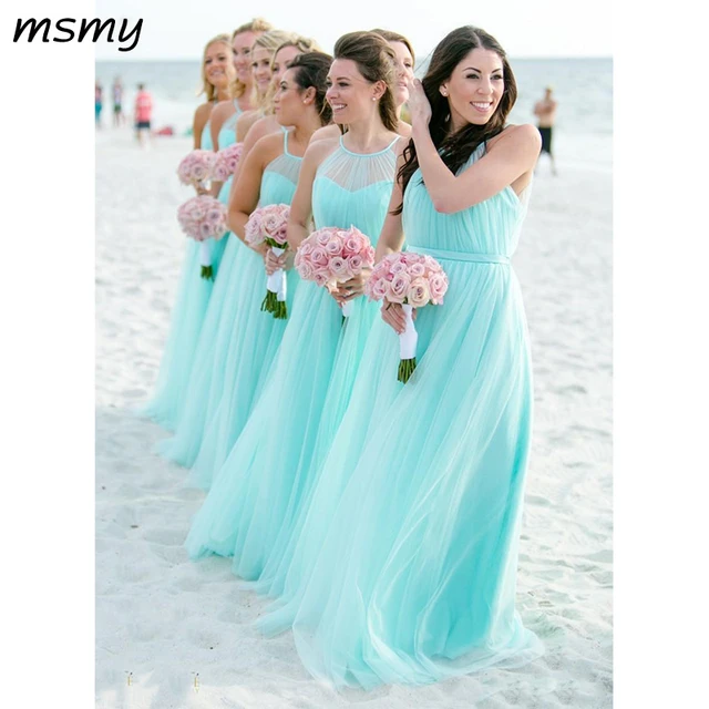 Vestidos de de honor color turquesa claro talla playa tul barato vestido de fiesta de invitados de boda largos plisados - AliExpress