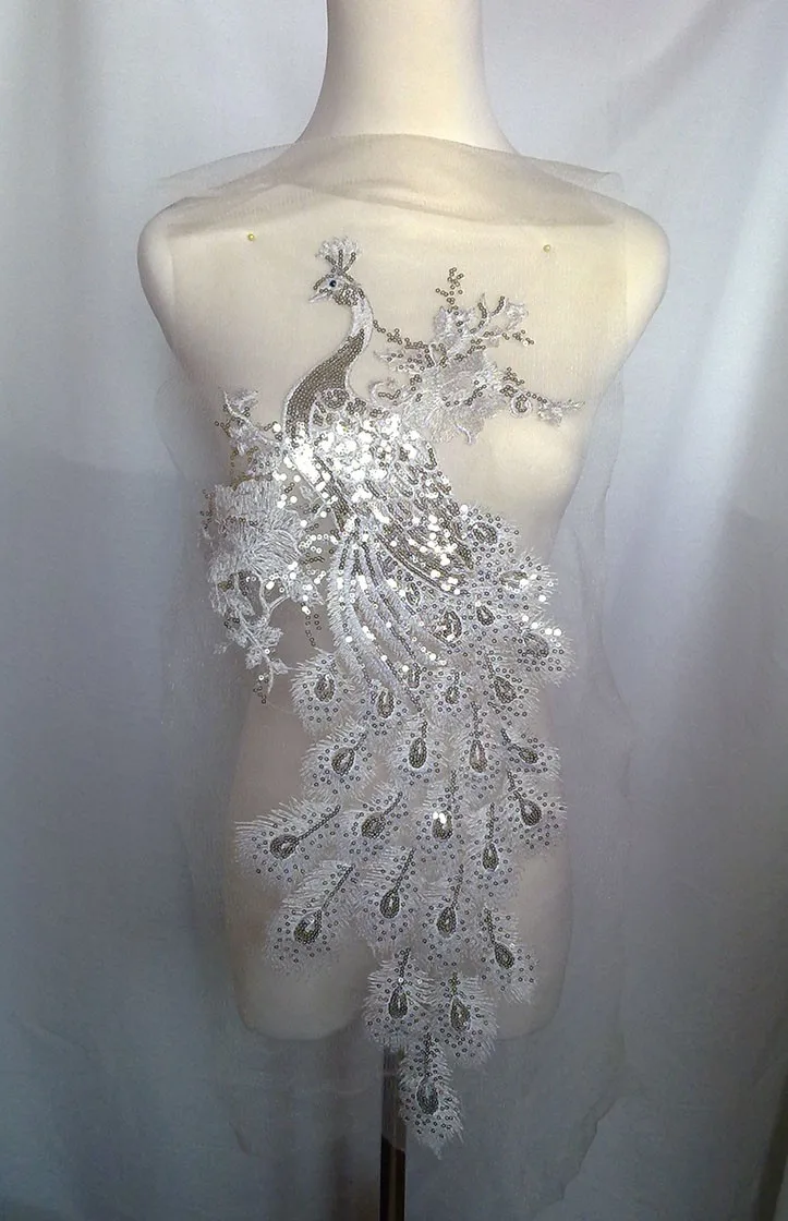 

38X62cm Big White Silver Peacock Embroidery Patch Applique On White Gauze Fabric For Performance Evening Dress Qipao DIY Dress