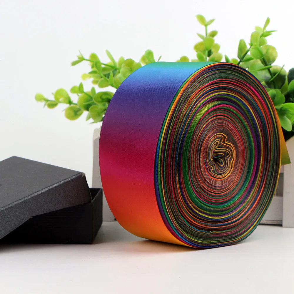 single/double side heat transfer printed rainbow ribbon gradual changing color satin ribbon different width available 50yard lot