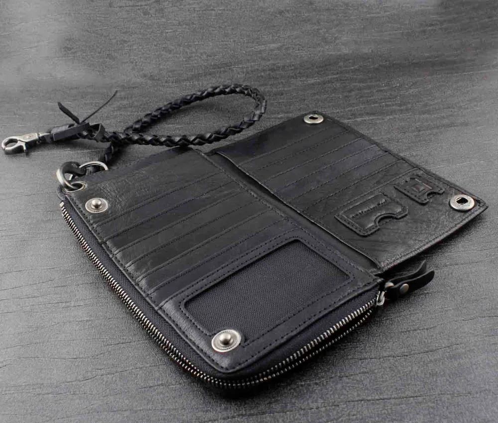 Mens Biker Rocker Genuine Leather Snap Button Long Wallet Purse W/Long Chain