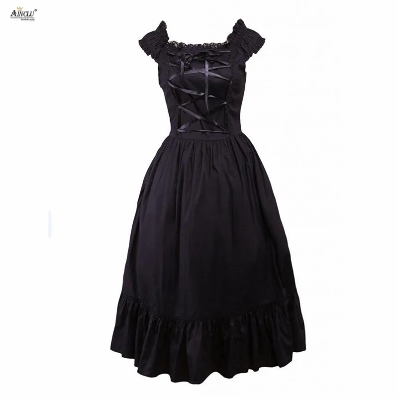 Gothic Womens Lolita Dress Cotton Dark Black Short Sleeves Middle-Long Court Formal Cosplay XS-XXL Party Club | Тематическая одежда