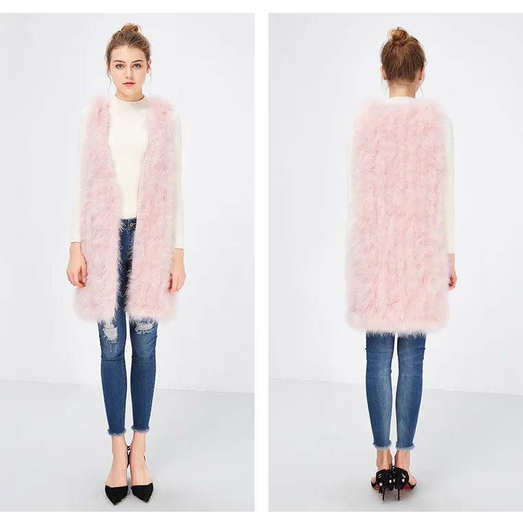 women fur waistcoat of natural ostrich feather New style fluffy autumn winter warm fur vest pink dark green 90cm length V24 Coats