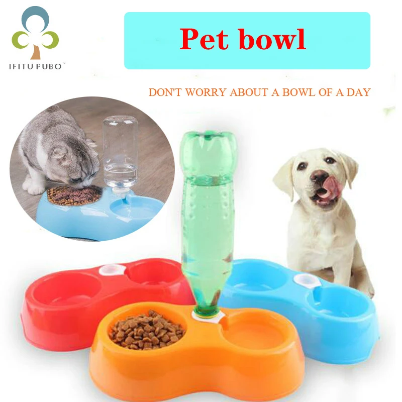 1Pcs Pet Dog Cat Feeder Plastic Dual Port Automatic Feeder Water Drinking Feeding Basin Bowls For Cats Pet Dogs Pet Supplie ZXH