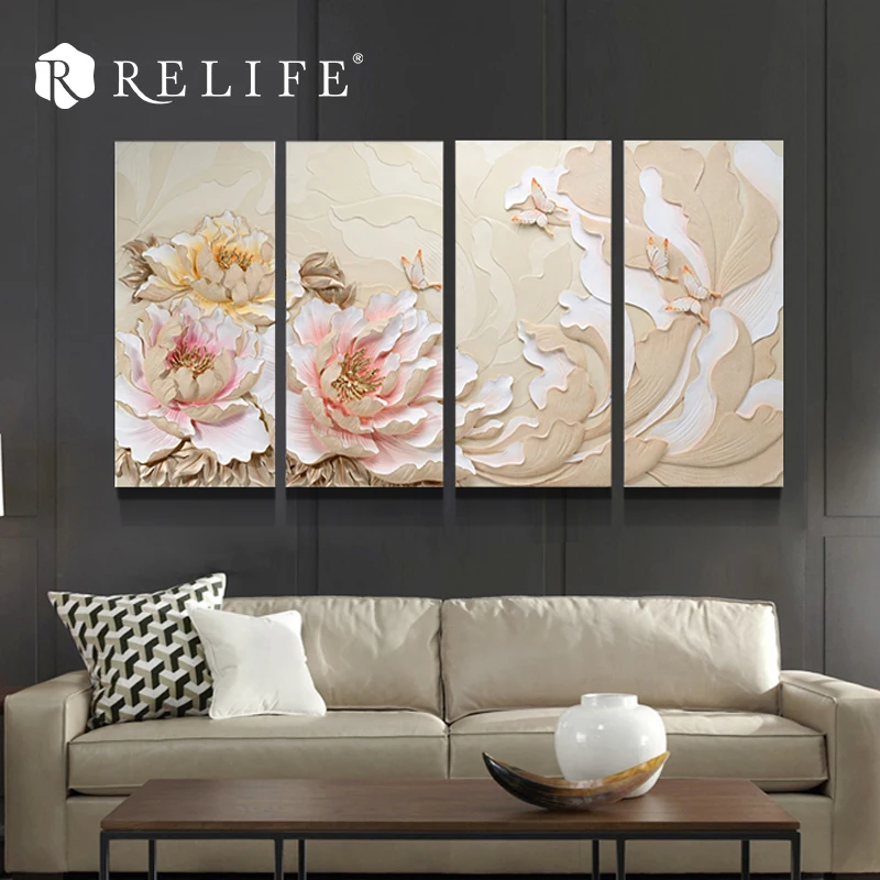 

Handpainted Resin Peony Blooming Modular Wall Decorations Living Room 4 Panels Combined Triptych Paintings