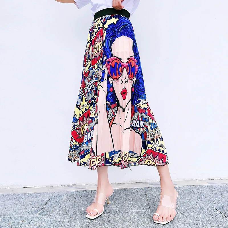 Limiguyue Новая модная женская плиссированная юбка с мультяшным рисунком, высокая эластичная талия, до середины икры, подиумная юбка, Повседневная трапециевидная юбка T906