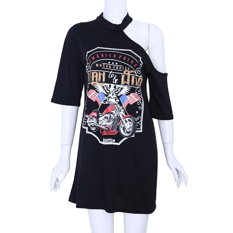 1pcs black Ladies Women Punk Rock Short Sleeve Eagle Print T-Shirt Cut Shoulder Baggy