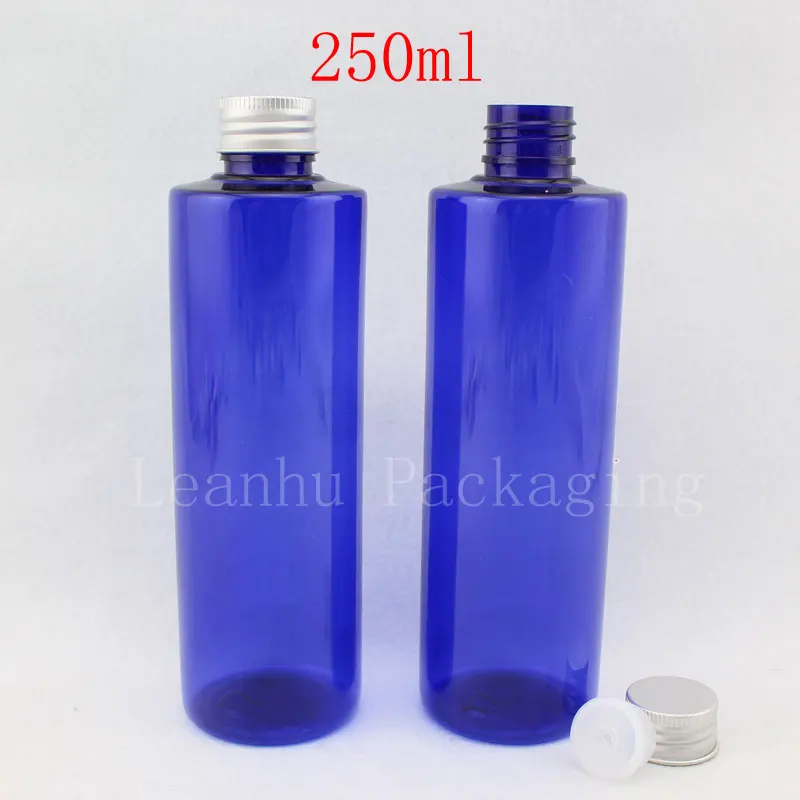 

250ML Blue Flat Shoulder Plastic Bottle Aluminum Cap , 250CC Shampoo / Shower Gel Sub-bottling , Empty Cosmetic Container