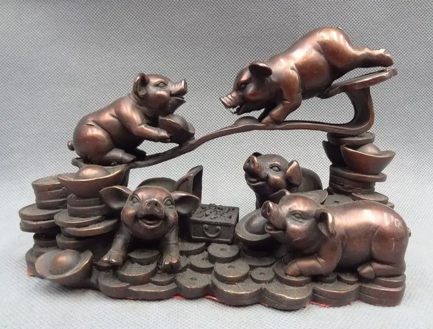 

Chinese Pure Bronze Animal RuYi YuanBao Box Coin 12 Zodiac 5 Pig Porket Statue