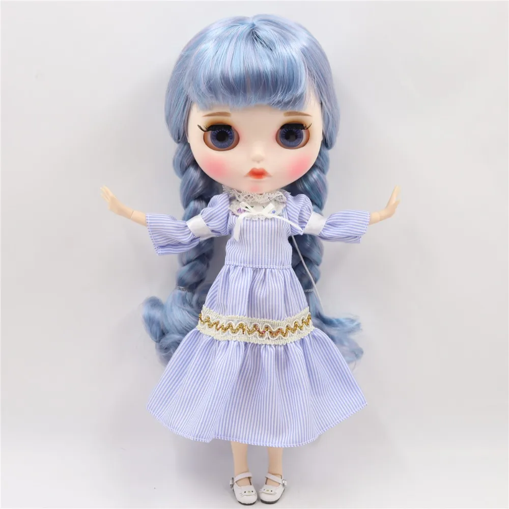 Заводская кукла blyth 1/6 bjd белая кожа соединение тела синий микс фиолетовые волосы, новое матовое лицо резные губы с бровью индивидуальные лица
