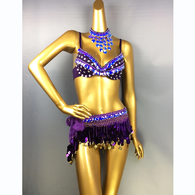 

Samba Belly Dance Costume Hand Beaded sequins purple Color Bra and Scarf Necklace 3 pieces