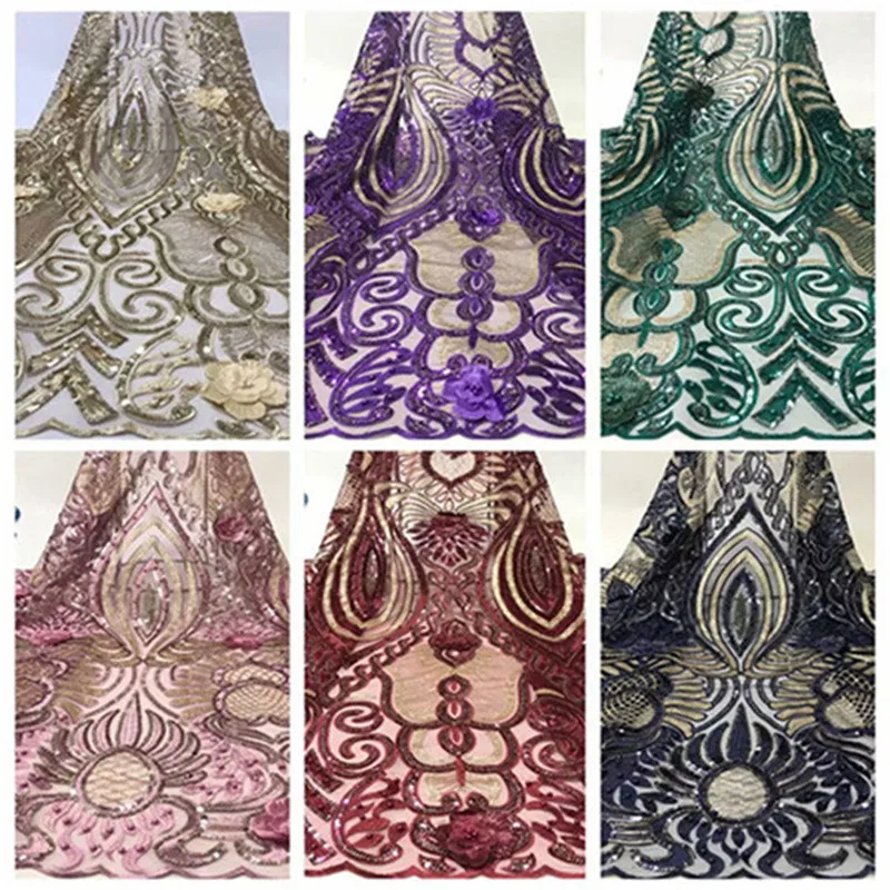 

2019 Latest wedding tulle lace fabric high quality Nigerian 3D lace fabrics with sequins African french guipure mesh lace fabric
