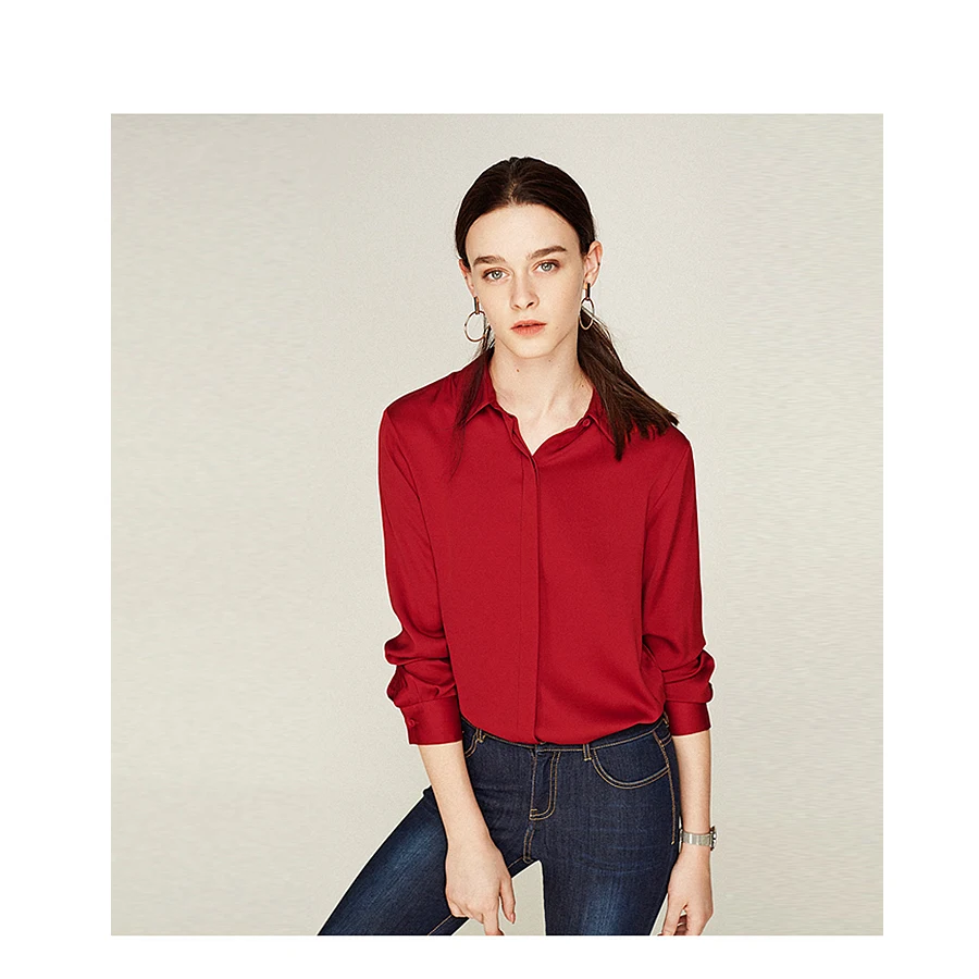 100% Silk Blouse Women Red Shirt Plus 