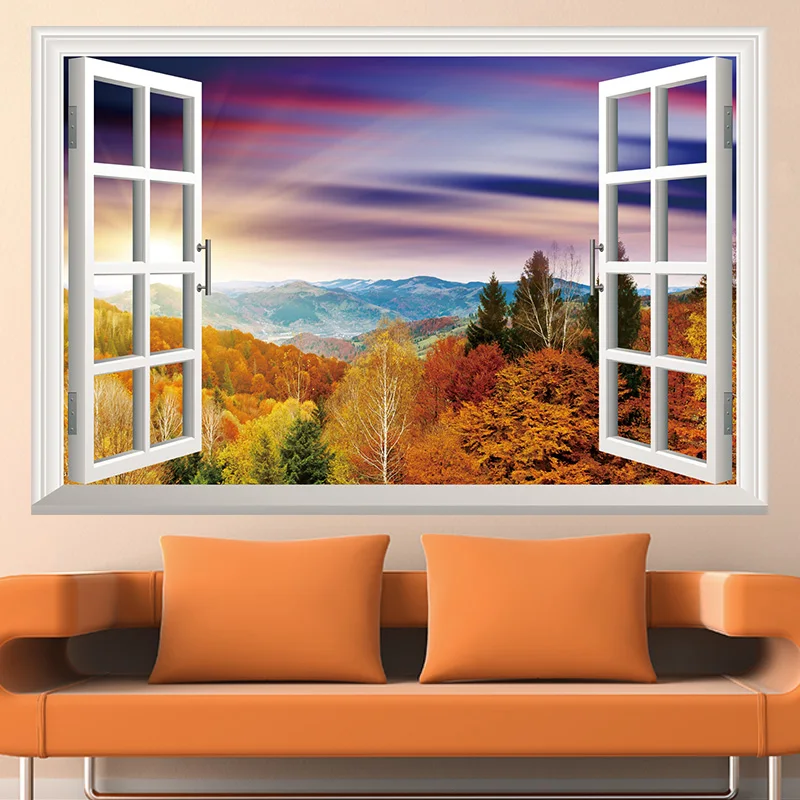 Removable wall stickers fake windows woods sunset scenery outside the window sticker living room