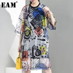 [EAM] 2019 Новое весенне-летнее платье с круглым вырезом и рукавом три четверти, с принтом, свободное платье большого размера из двух частей
