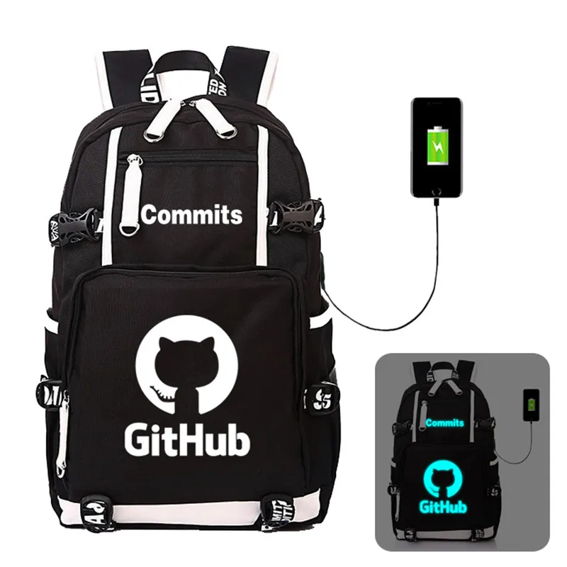 

IT Git Hub Commits With USB Luminous Backpack Bags GitHub Laptop Travel Bags School Teenagers Rucksack Gift Cosplay