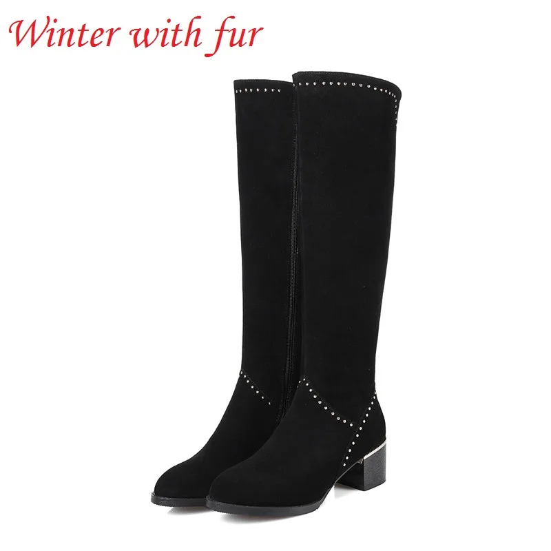black with fur MoonMeek/Новое поступление; модные женские сапоги; черные замшевые сапоги до колена из коровьей кожи; блестящий квадратный каблук на молнии; сезон осень-зима; большие размеры 32-45 - Цвет: black with fur