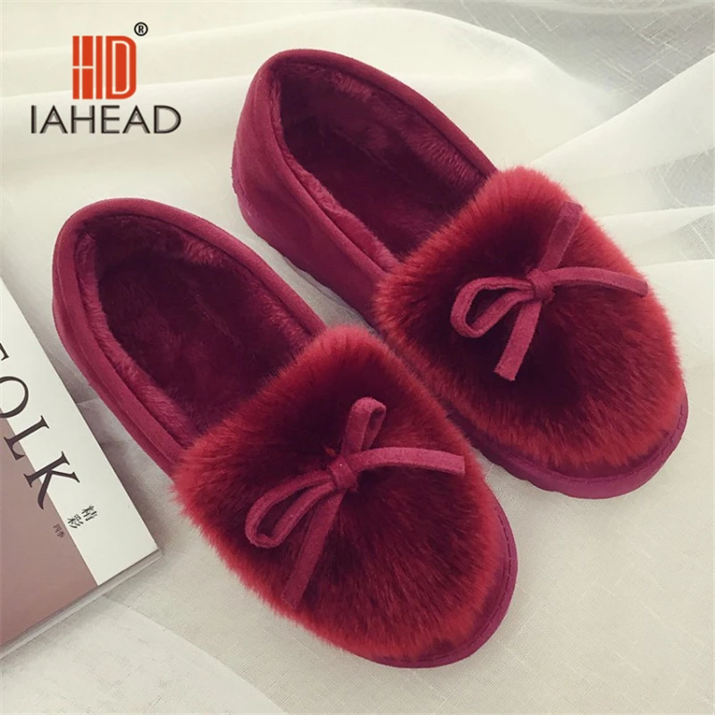 Iahead Брендовая женская зимняя обувь теплые из флока на плоской подошве тапочки