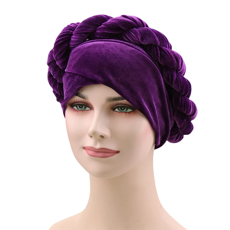 Новая бархатная мусульманская шляпа для женщин в виде скрученной косы тюрбан кепки шляпы для химиотерапии банданы женские головные уборы аксессуары для волос платок - Цвет: purple