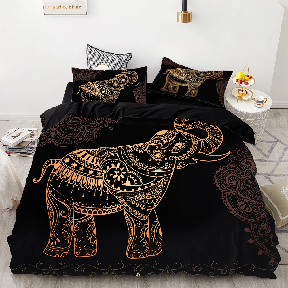 cheap 3D HD Digital Printing Custom Bedding Set,Black Duvet Cover Set Queen Cal King,Bedclothes Gold Elephant on Black Drop Shipping