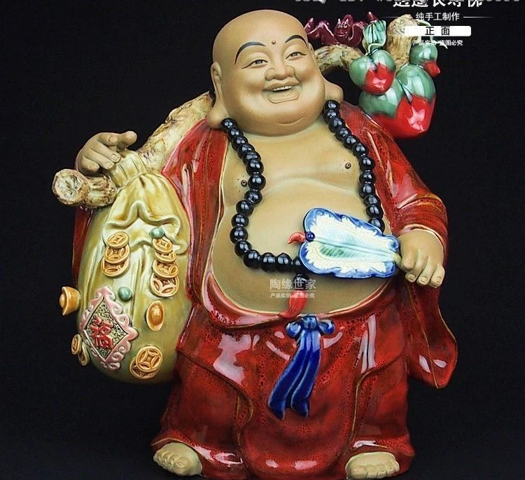 

China Feng Shui Pottery Wucai Porcelain Fan Maitreya Buddha Peaches Money Statue