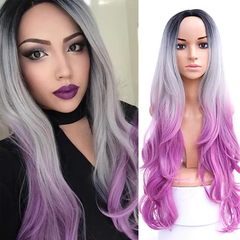 

AOSI Long Wavy Ombre Wig Grey Purple Middle Part Synthetic Wig Heat Resistant Dark Roots Three Tone Women Natural Hair Wigs