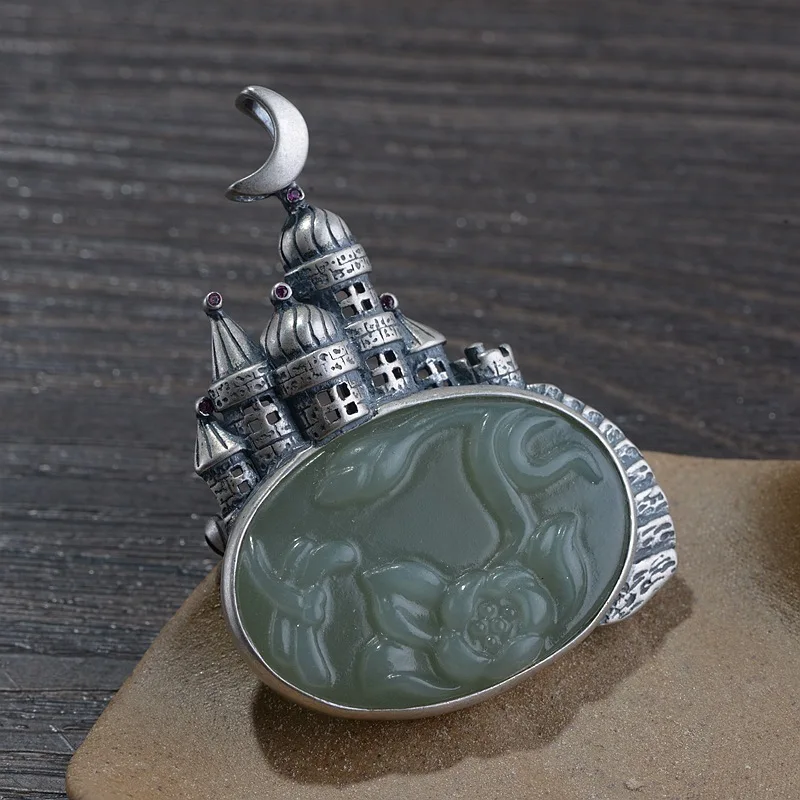 

S925 silver restoring ancient ways for women dream castle hetian jade lotus flower brooch Thai silver pendant wholesale