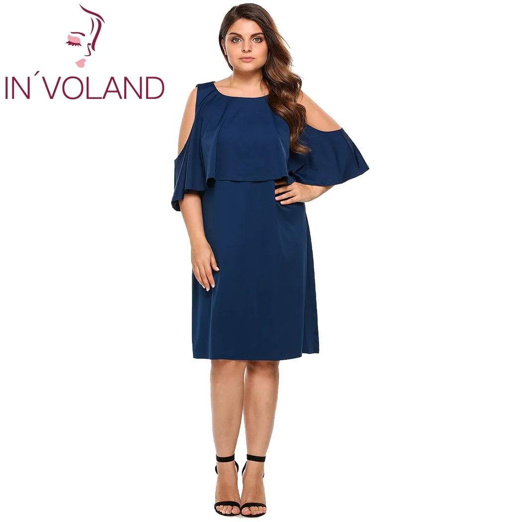 

IN'VOLAND Women Dress For Summer Casual Cold Shoulder Ruffles Solid Party Beach Dresses Brand Feminino Vestidos Plus Size 3XL