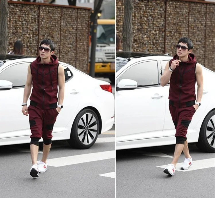 ZOGAA 2019 Hot Sale Men Summer Hoodie Sleeveless Sweatshirt Set Drawstring Solid Calf-Length Tracksuit Mens 2 Piece Sportswear