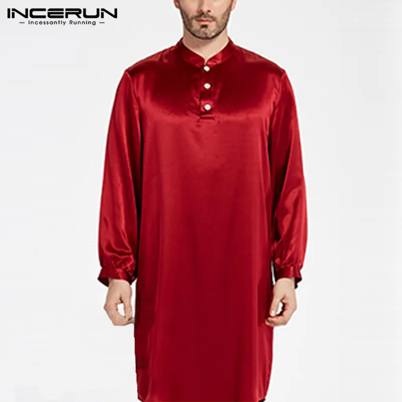 INCERUN, Мужская шелковая атласная пижама, мягкий халат с длинным рукавом, Мужская пижама, домашняя одежда, удобная однотонная повседневная мужская одежда 5XL