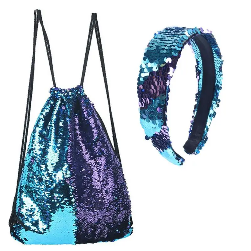 Reversible Sequin Drawstring Bag Cinch Sack Backpack Purses Rucksack Headwear Set for Kids Girls