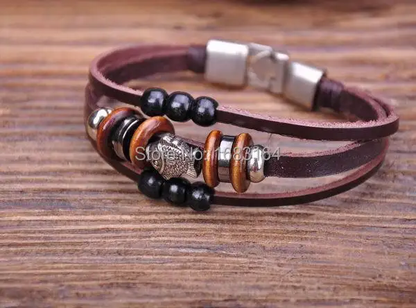 

G70 Silver Surfer Hemp Leather Wood Beads Wristband Bracelet Cuff Cute Fish Mens
