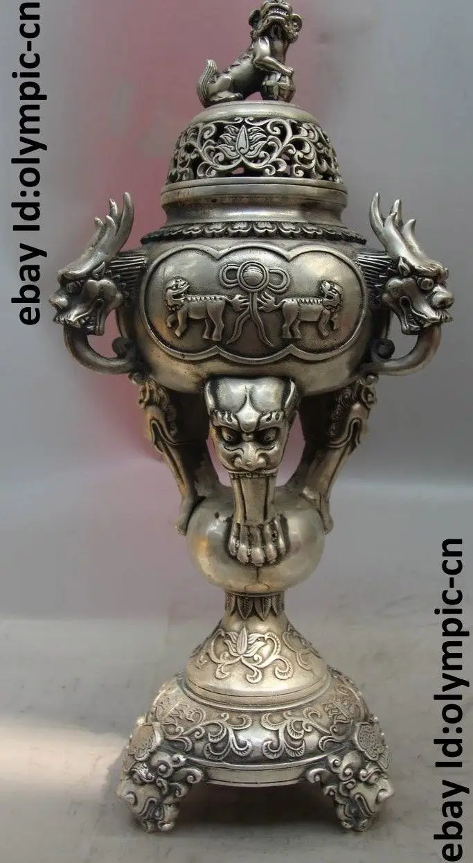 

China Palace Tibet Silver Foo Dog Lion Dragon Head Incense Burner Censer Statue (D0426)