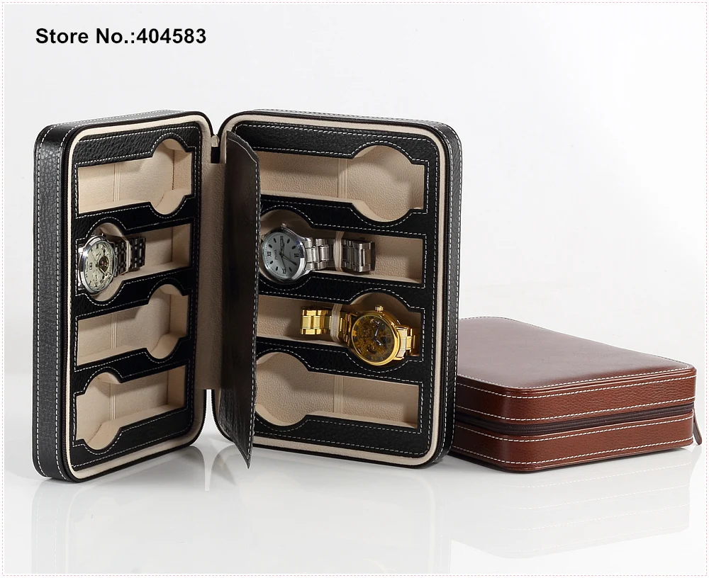 

High Grade 8 Slot China Zippered Brown Black Pu Leather Travel Jewelry Watch Display Gift Box Organzier Bag