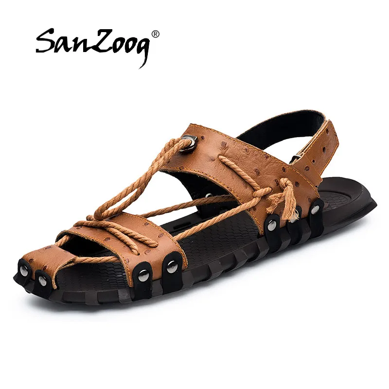 

SANZOOG 2018 Genuine Leather Sandals Men Shoes Closed Toe Leather Men's Sandal Summer Beach Man Shoes Flats Mens Sandalet