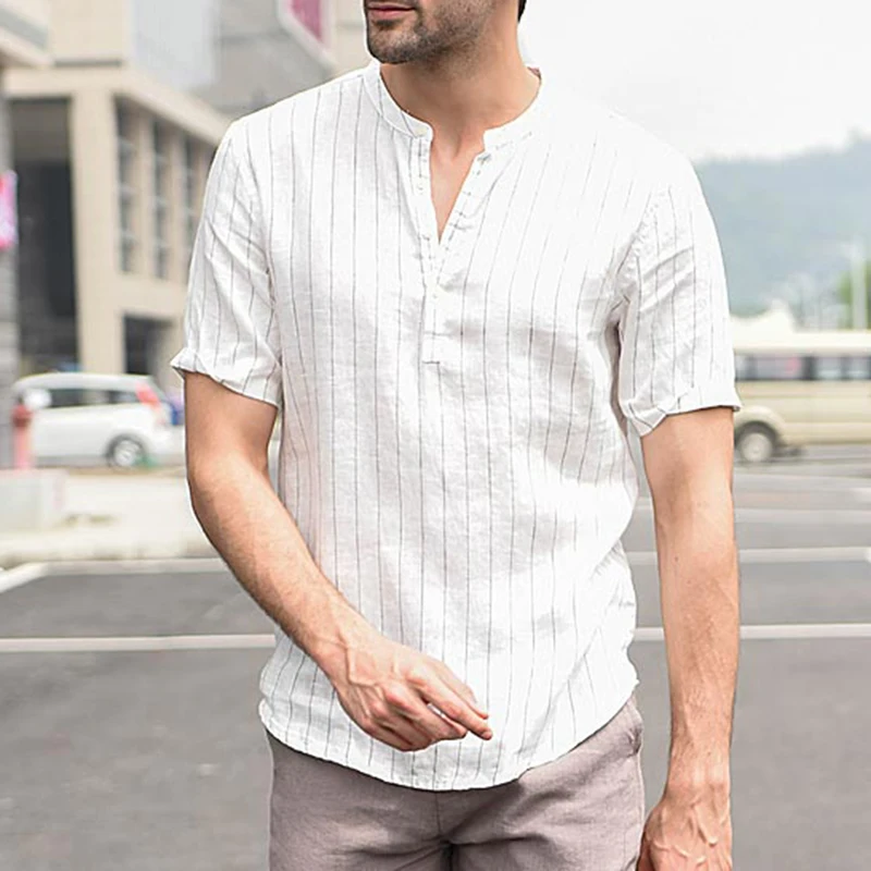 INCERUN мужские полосатые рубашки с коротким рукавом высокого качества из хлопка и льна дышащие мягкие классические рубашки китайские Ретро винтажные - Цвет: White