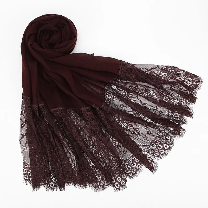 ДЛИННЫЙ КРУЖЕВНОЙ тюрбан Femme сплошной цвет мягкий панельный шарф шаль мусульманский хиджаб платок оптом