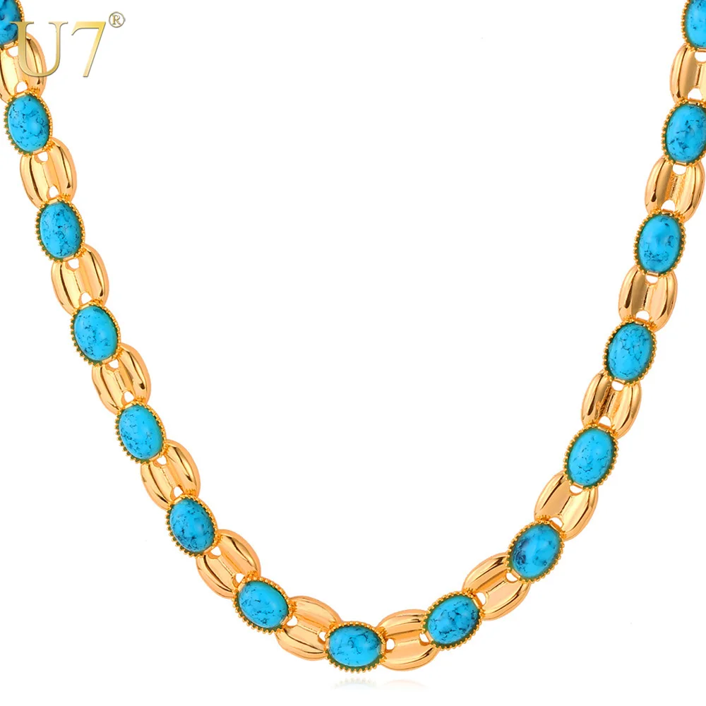 

U7 Bohemia Necklace Gold Color Blue Stone Jewelry Trendy Chain Necklace For Women Jewelry N387