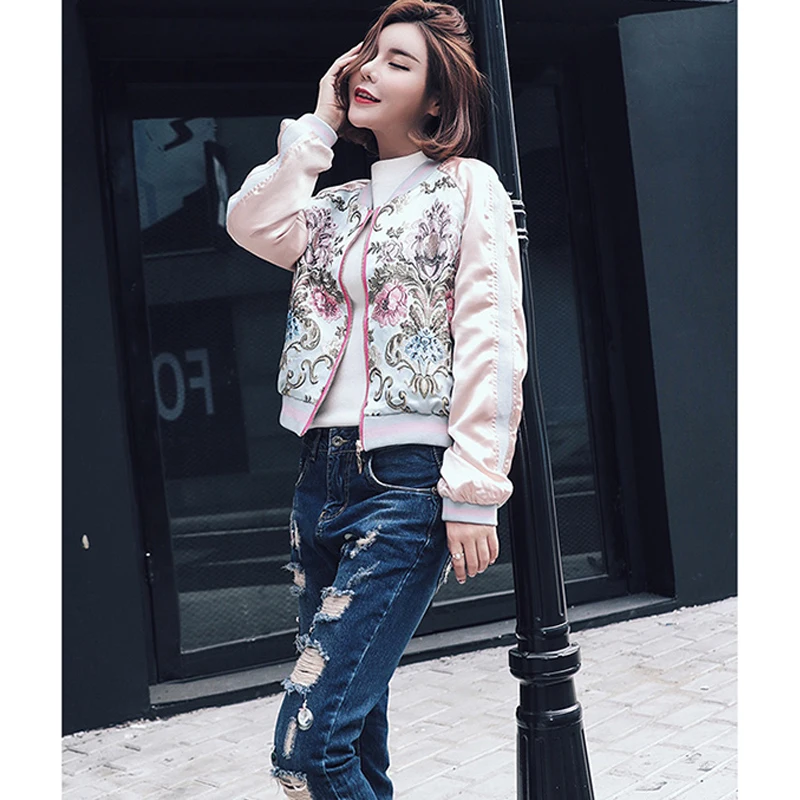 XINGYIDA Autumn Jacket Women 3D Flower Embroidery Satin Slim Short Bomber Jacket Women 2017 Streetwear Outerwear Basic Jackets