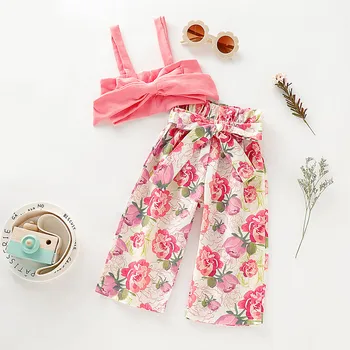 

Newborn Baby Girl Clothes Summer Sleeveless Solid Bow Vest Tops+Printed Pants Outfits 2pcs Kids Clothes