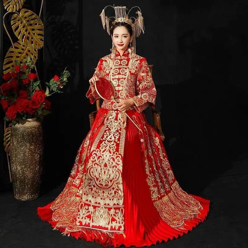 Новая красная плиссированная юбка Chinoise невесты длинное Cheongsam Современное женское традиционное китайское свадебное платье Ципао Восточное