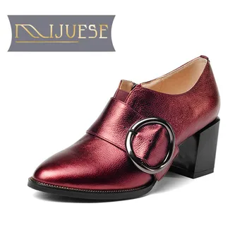 

MLJUESE 2018 women pumps Genuine leather buckle strap wine red color autumn spring zapatillas mujer high heels women size 34-42