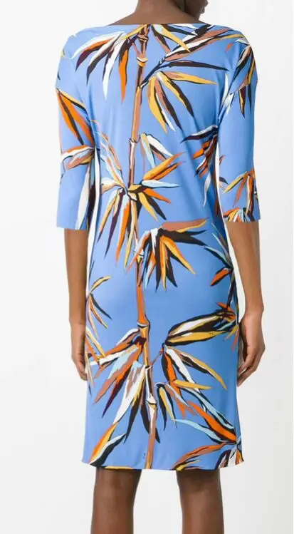 Мода г. дизайнер Брендовое платье Для женщин 3/4 рукава голубой бамбук, печать XXL Stretch Джерси шелковое платье на каждый день