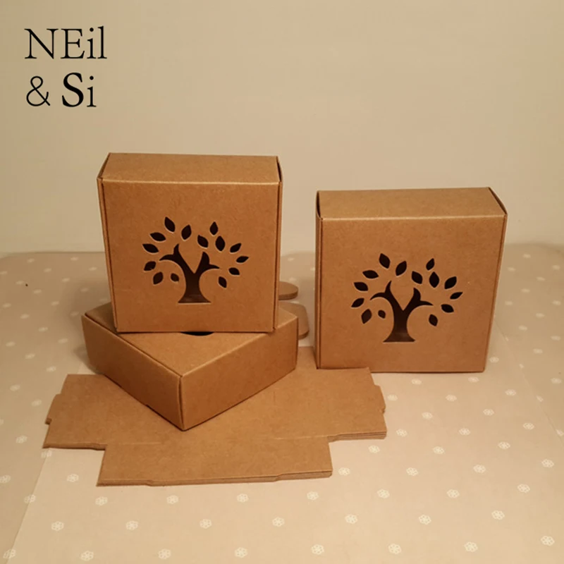 

Kraft Paper Hollow Tree Window Box for Wedding Favor Candy Handmade Soap Cookies Packaging Brown Gift Boxes Free Shipping
