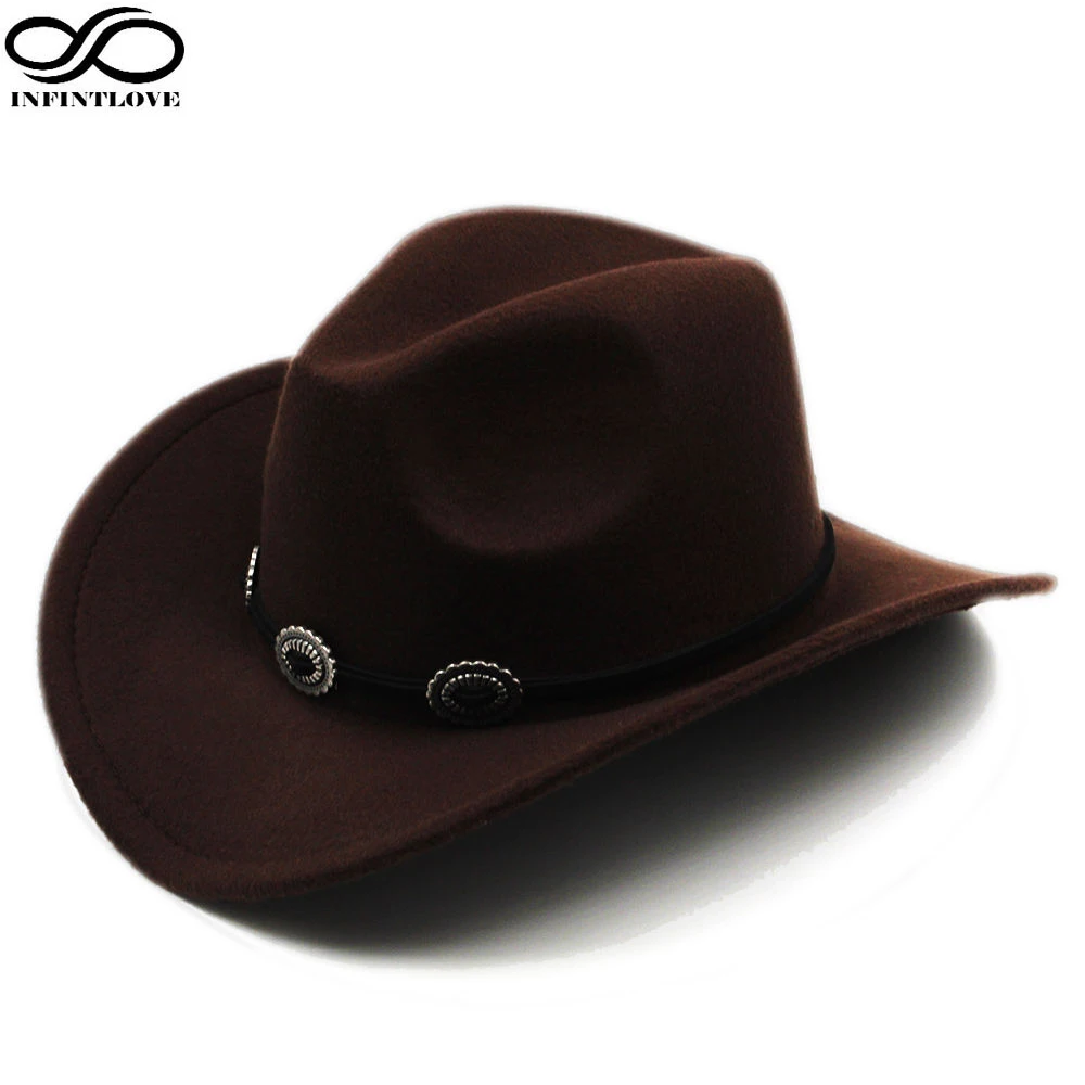 

INFINITLOVE Wool Felt Western Cowboy Hat Wide Brim Cowgirl Retro Band Sombrero For Adult / Kid (Choose Size:58cm/54cm)