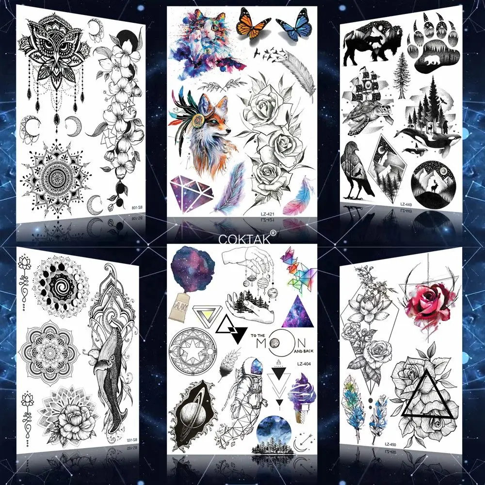 Водонепроницаемый черный эскиз Флора Кот Лиса космонавт Временные татуировки